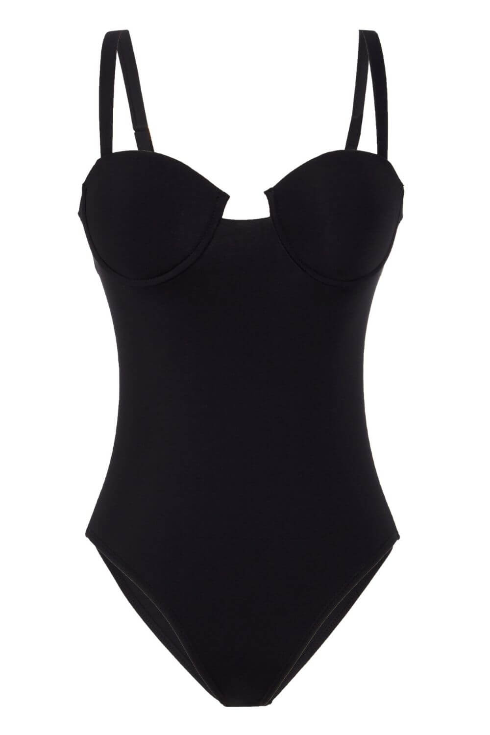 Balconette one piece swimsuit in black. Adjustable straps, closes on back with a gold-tone clasp. Soft molded cups.