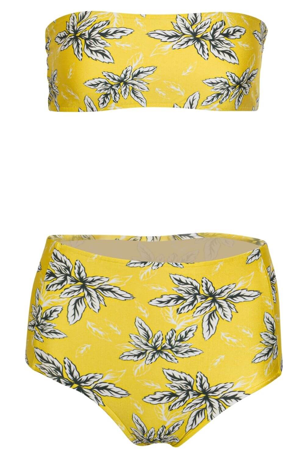 Bandeau bikini top in yellow and black/white floral print. Removable strap - shown here without the strap. Styled with the high waist bikini bottom in the same print.