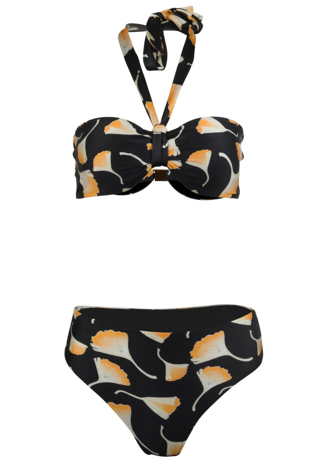 Hipster bikini bottom in luxurious black print. Shown here with the matching bandeau bikini top.