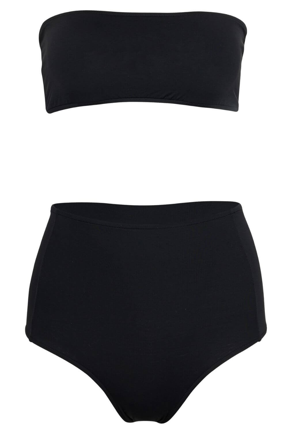 Bandeau bikini top with removable straps, in black. Shown here without the strap and paired with the high waisted bikini bottom
