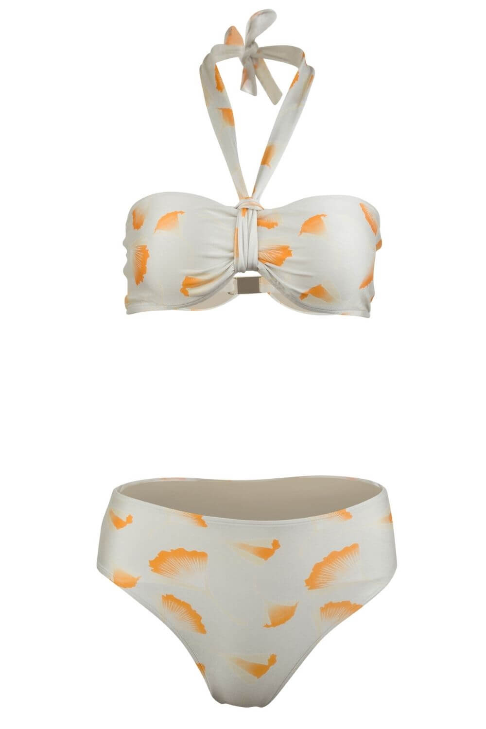 Bandeau bikini top in luxurious ivory print. Closes on back with a gold-tone clasp. Removable straps. Shown here with the matching hipster bikini bottom