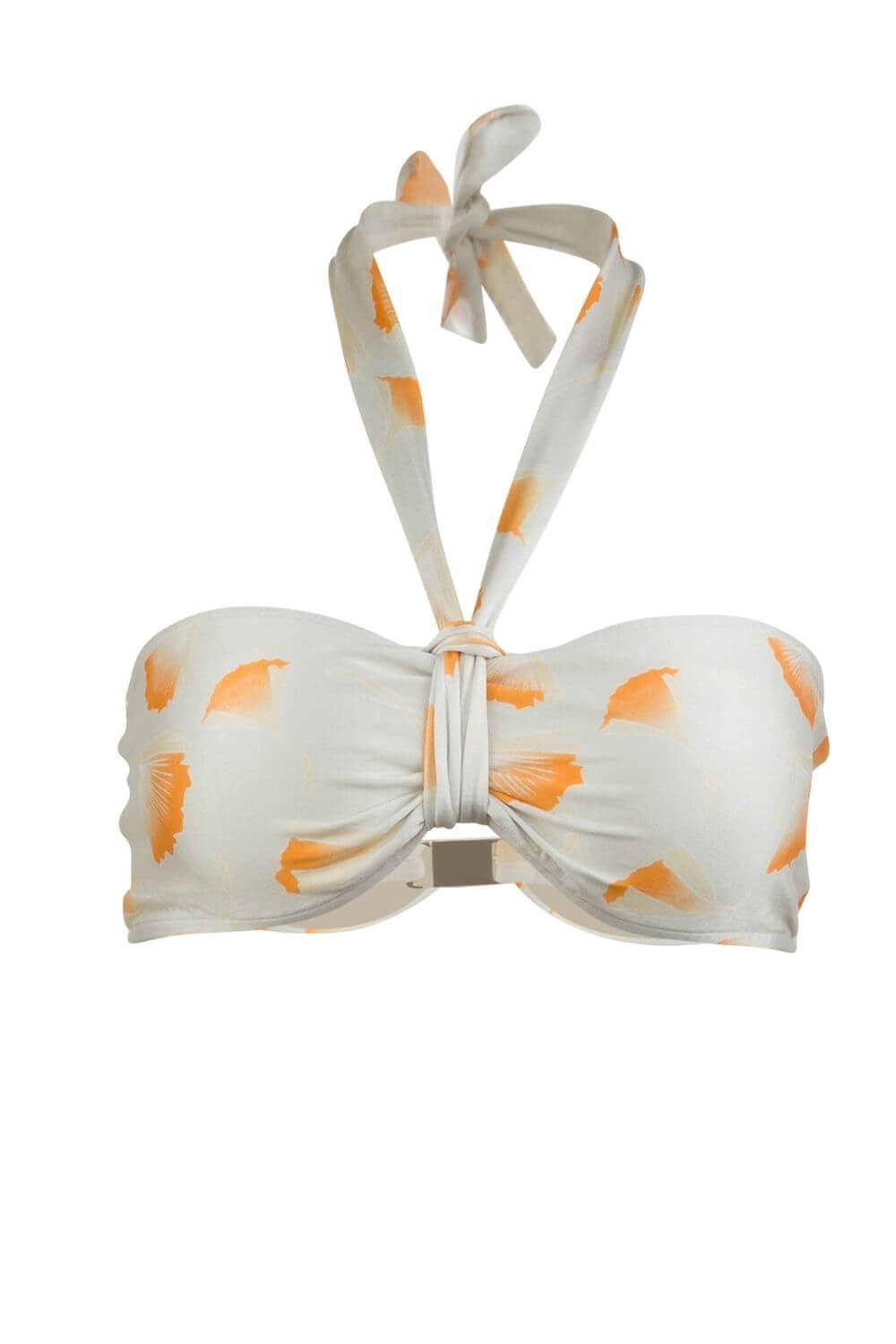 Bandeau bikini top in luxurious ivory print. Closes on back with a gold-tone clasp. Removable straps.