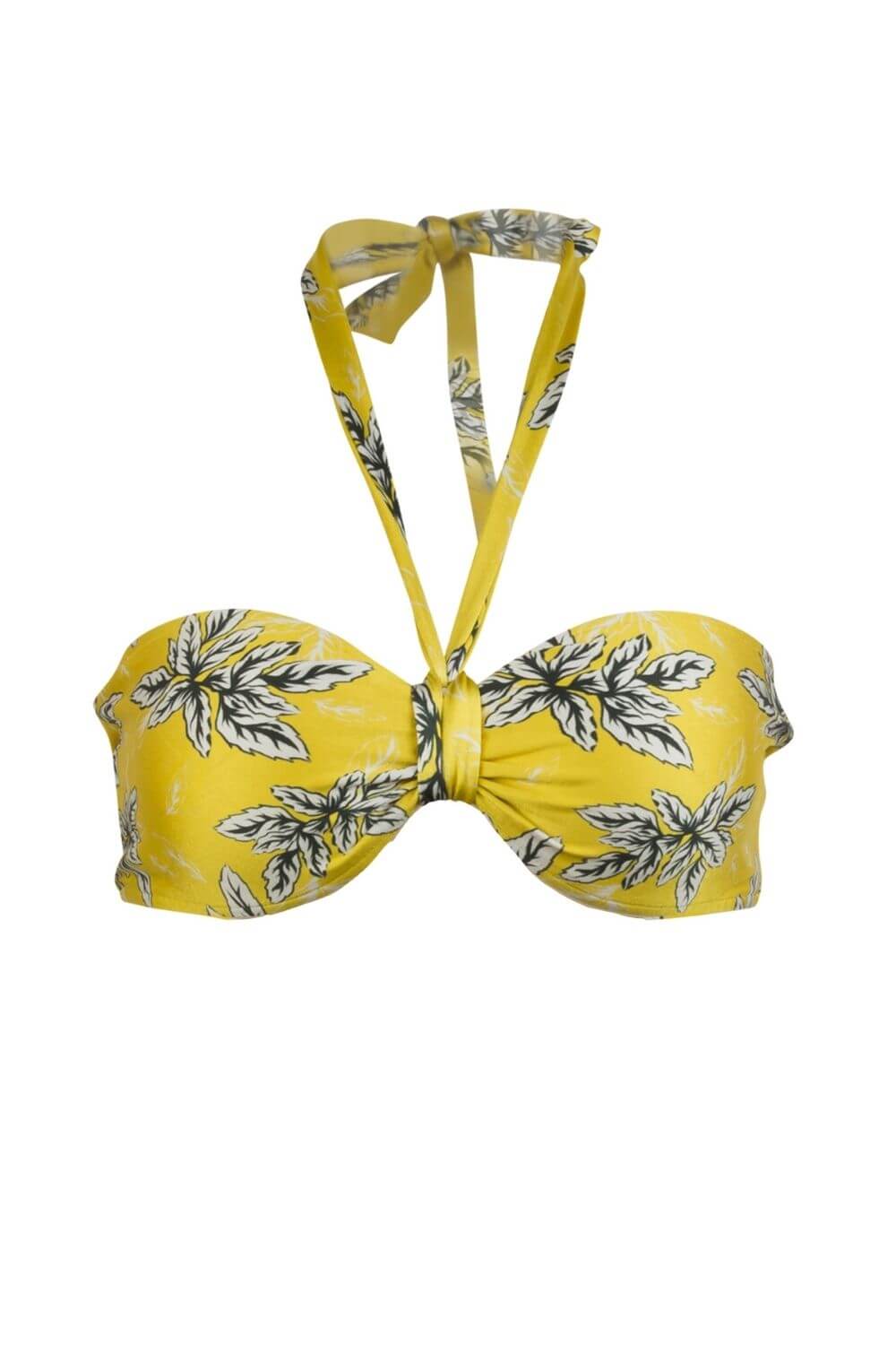 Bandeau bikini top in yellow and black/white floral print. Removable strap.