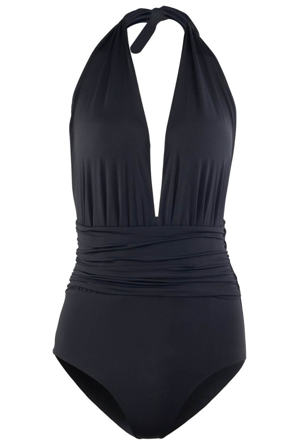 Deep plunge neckline one piece swimsuit in black. Timeless, elegant, and great for any destination.