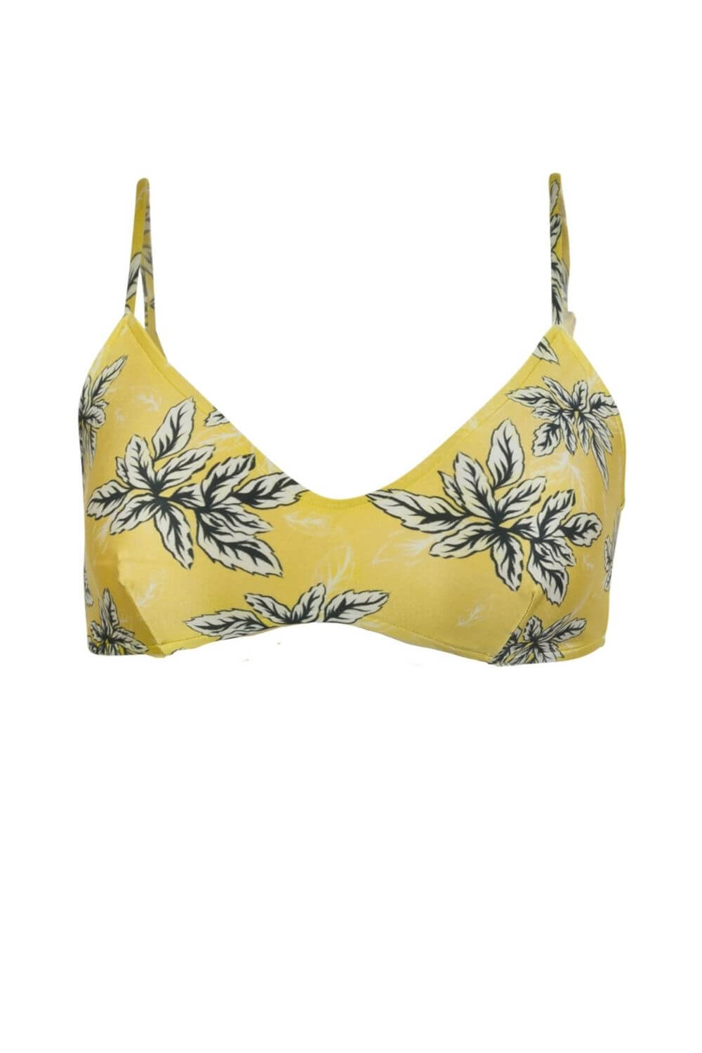 Bralette bikini top with adjustable straps. Yellow with black and white floral print. 