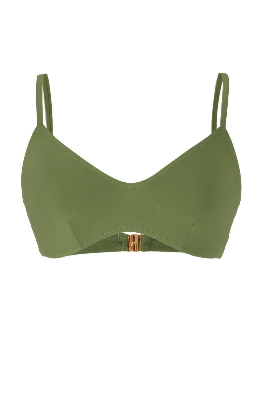 Bralette bikini top in green. Adjustable straps, closes on the back with a luxurious gold-tone clasp.