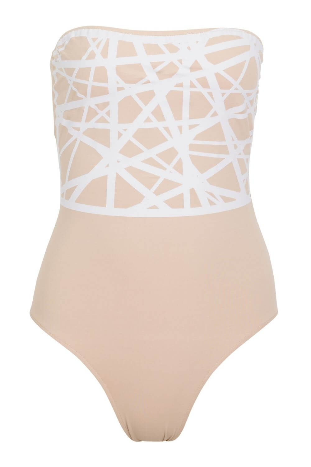 Strapless one piece swimsuit with exclusive laser detail in contrasting color.