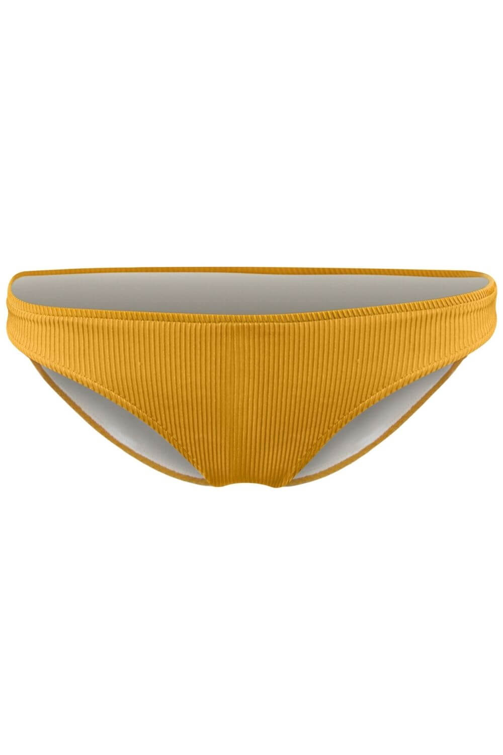 Classic brief bikini bottom in yellow gold. Silky textured fabric.