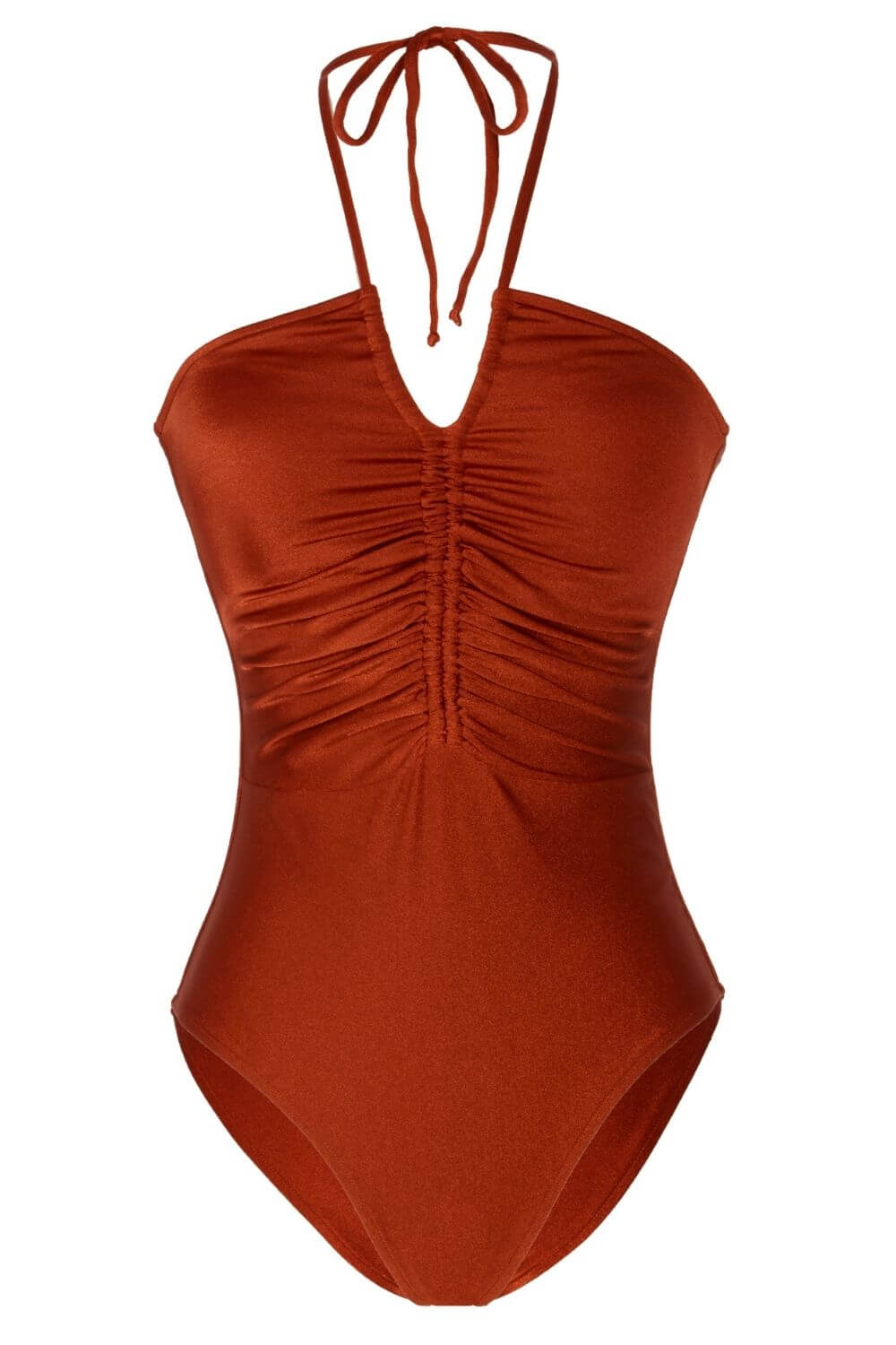 One piece swimsuit in a luxurious copper color fabric, with a light shimmering effect. Removable soft pads, and adjustable straps tie behind the neck and on the front for a bandeau style.