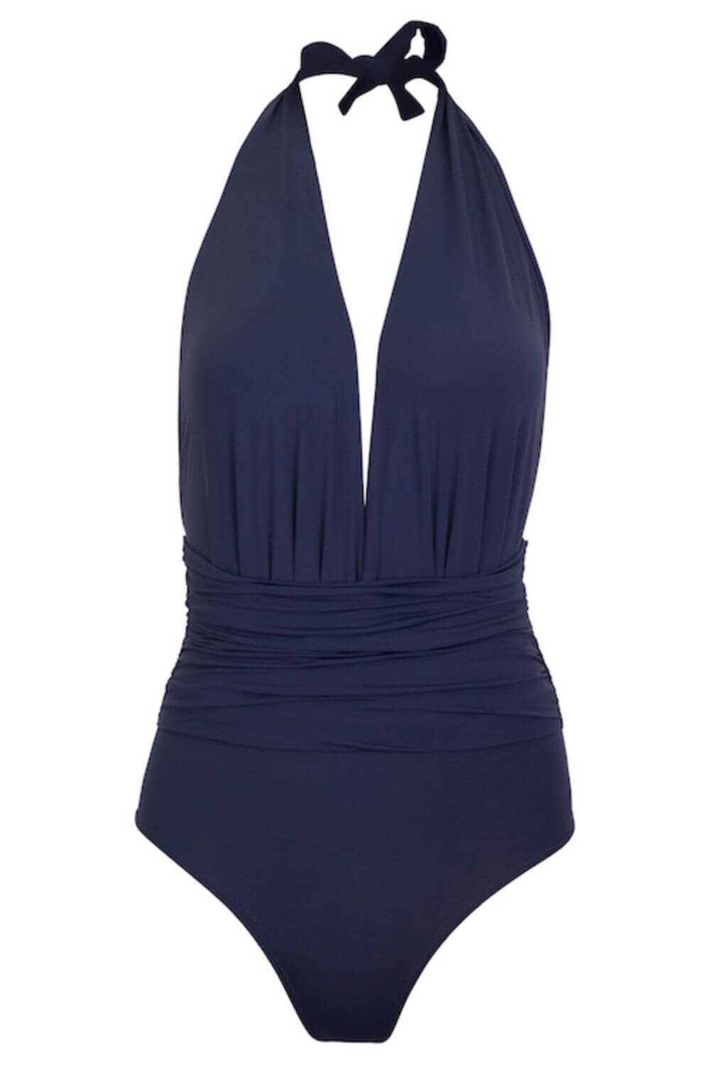 Deep plunge one piece swimsuit, deep plunge neckline and ruching around the waistline. Elegant fit for all body types.