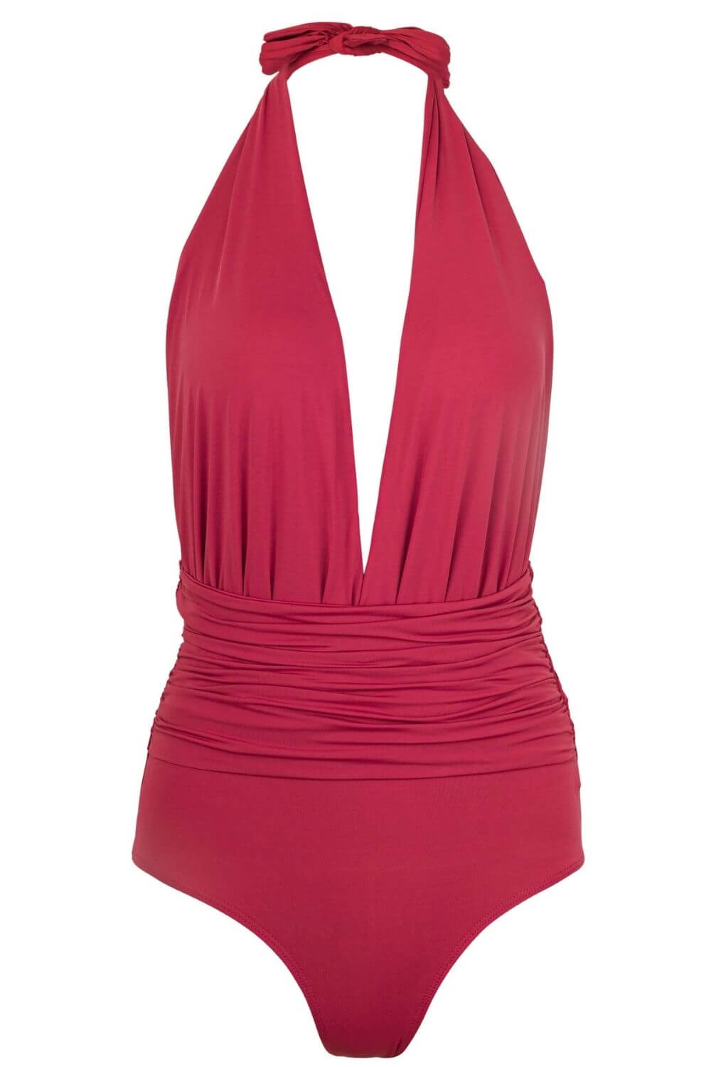 Deep plunge red terracotta one piece swimsuit.