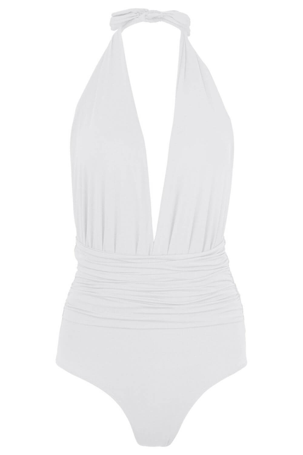 Halter white one piece swimsuit with ruching around the waistline.