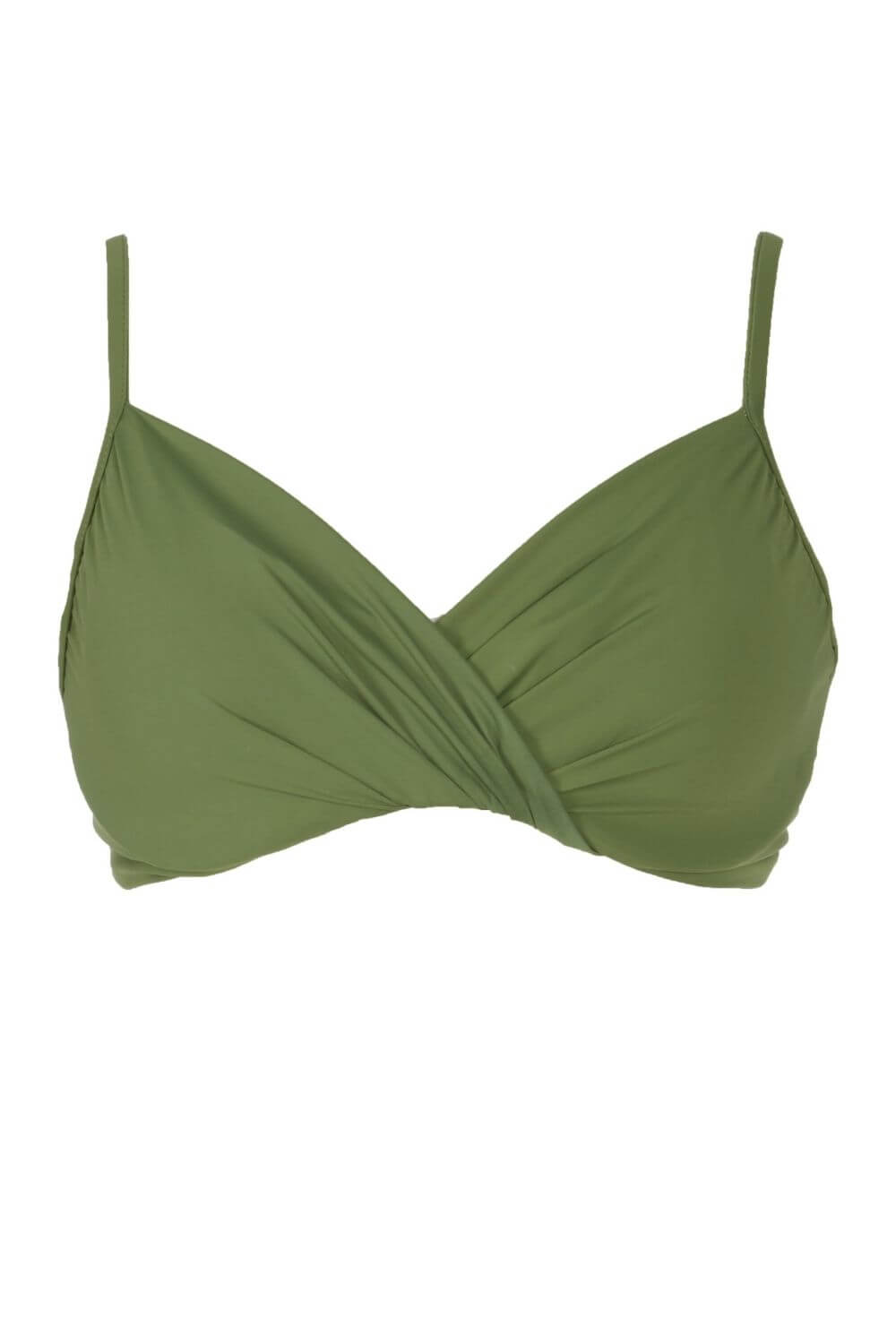 Balconette bikini top with underwire, soft pads, and adjustable straps. Great support and elegant fit. Available in green.
