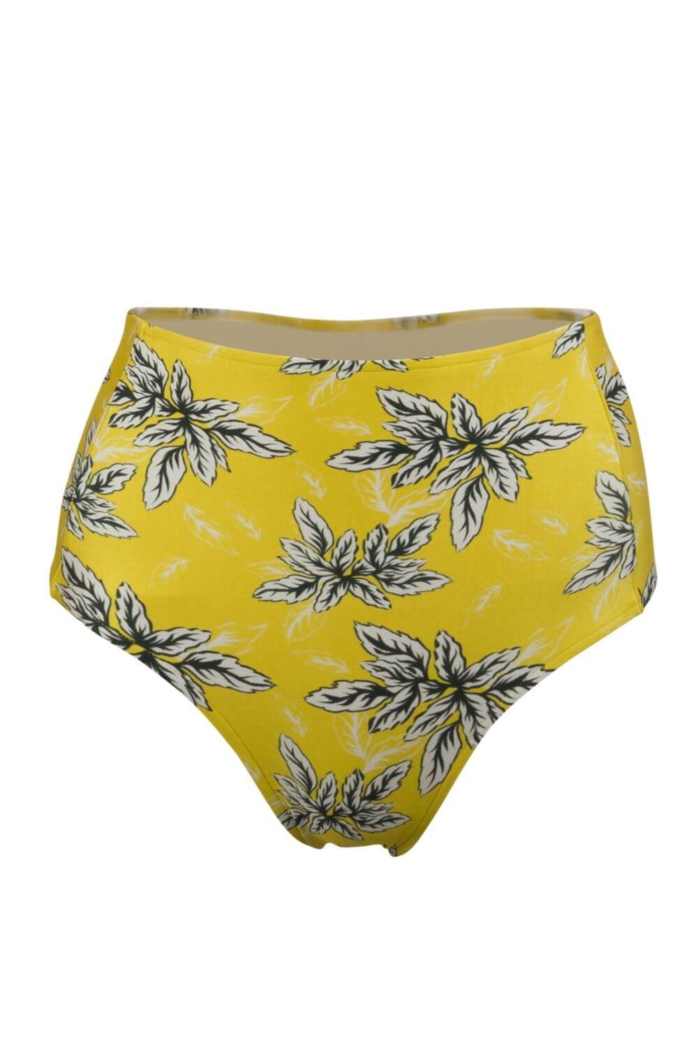 High waisted bikini bottom in yellow with black and white floral print.