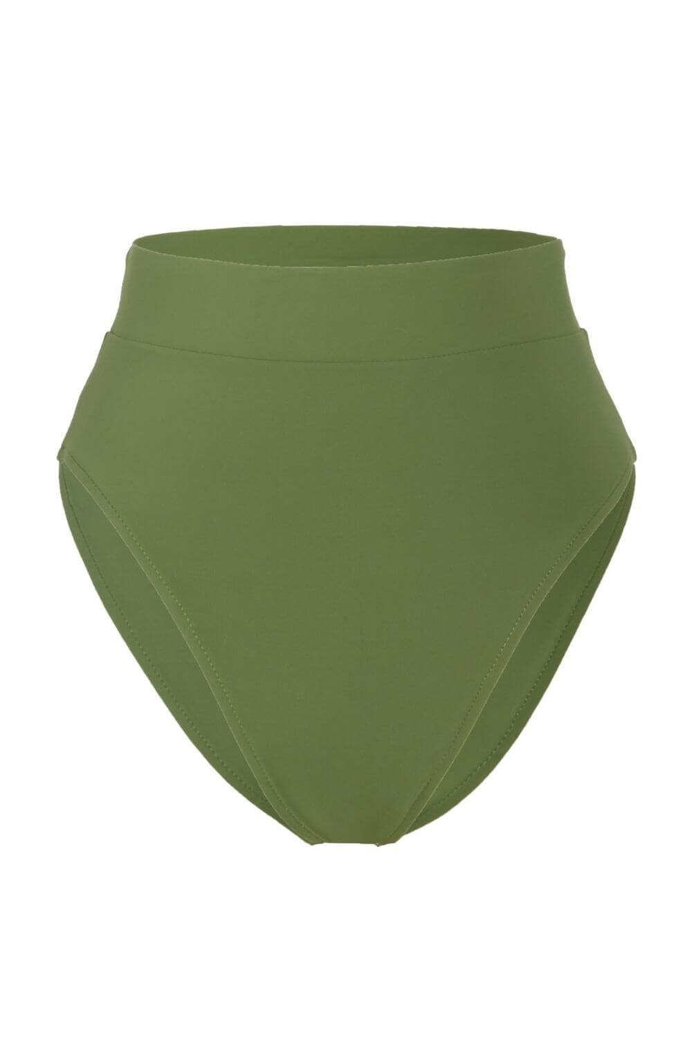 High waisted, high cut bikini bottom in green. Great coverage, comfortable and elegant fit.