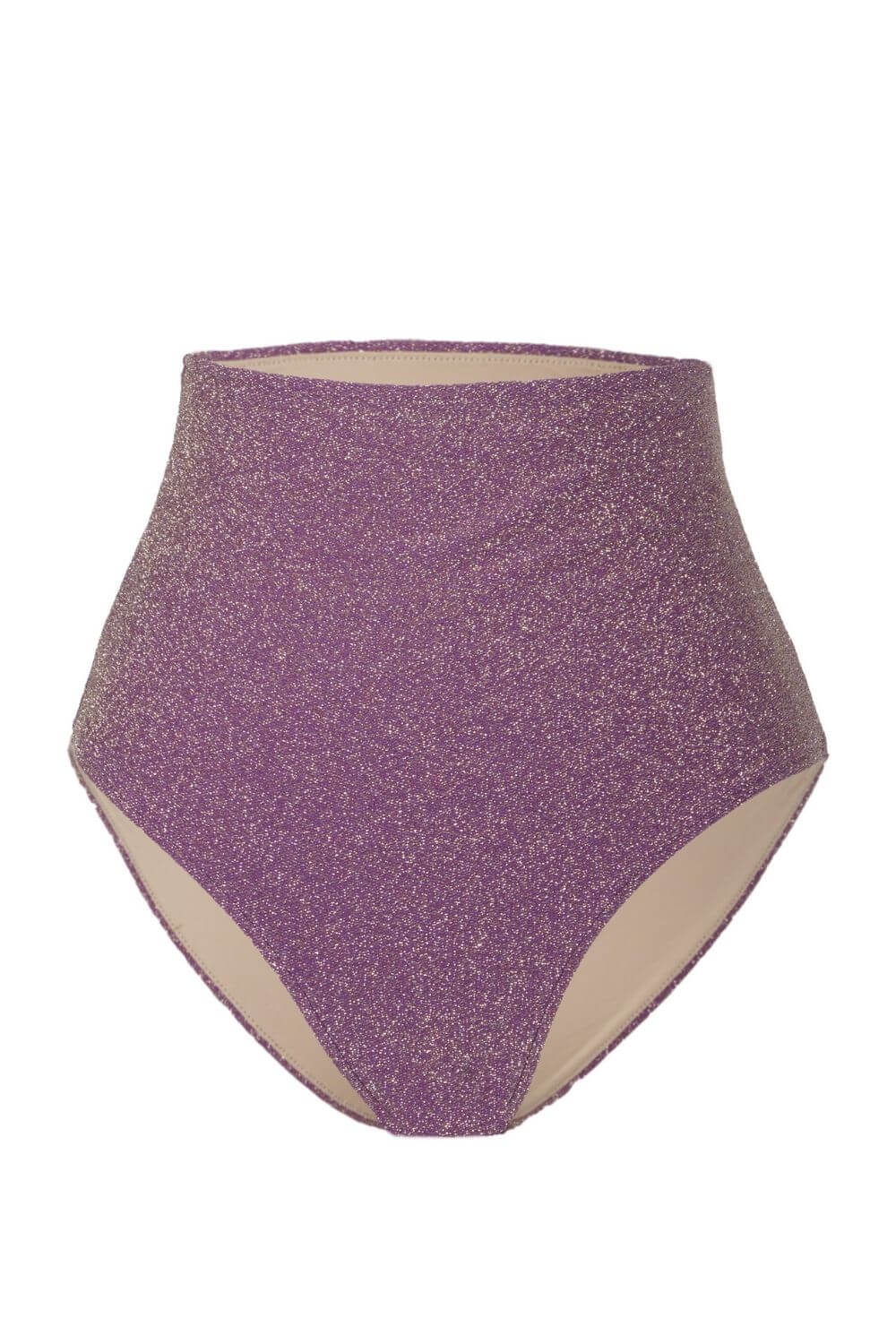 High waisted bikini bottom in purple lurex. Full coverage, fully lined.