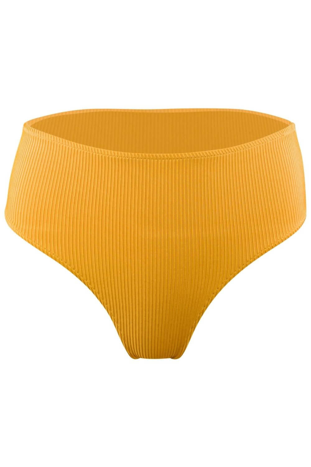 Hipster bikini bottom in gold tone ribbed fabric. Comfortable and silky texture.