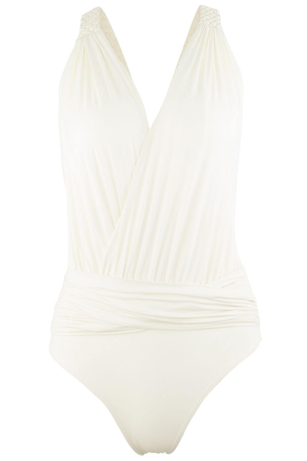 Halter one piece swimsuit with macrame straps on the back.