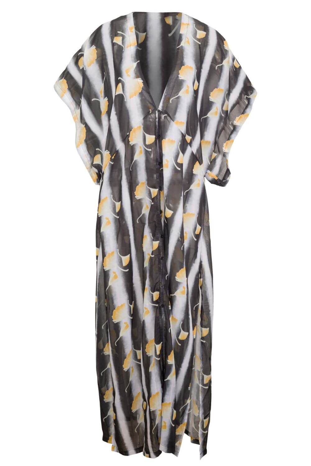 Kaftan maxi beach cover up. Silky, flowy material. Style with swimsuits in the same print or solid black, white, or yellow/ mustard.