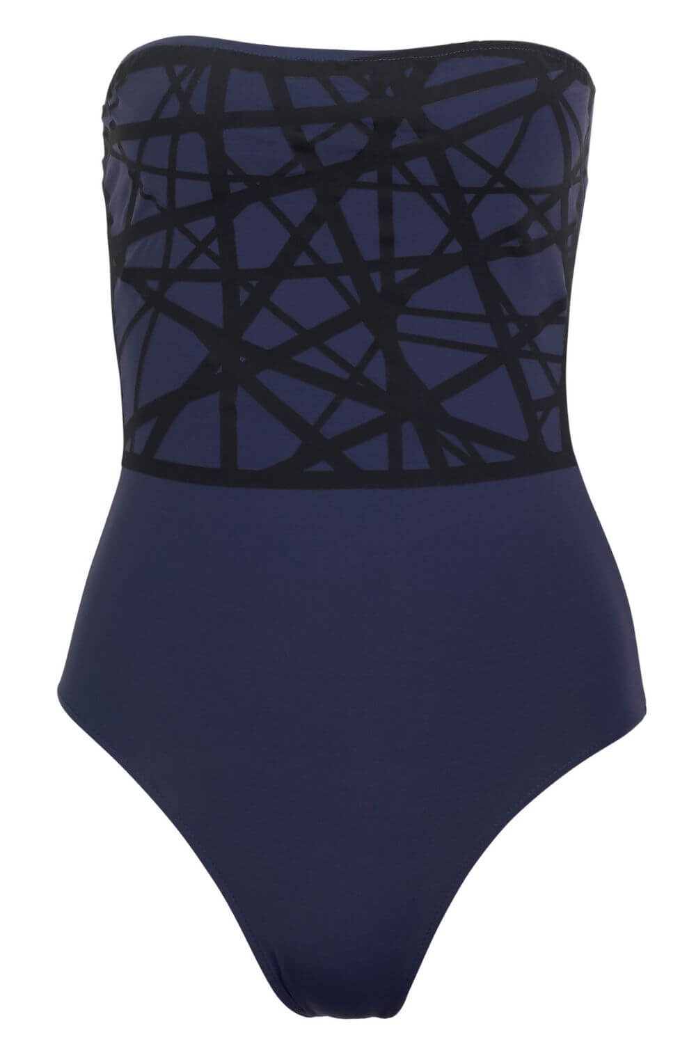 Strapless one piece swimsuit with exclusive laser detail in contrasting color.