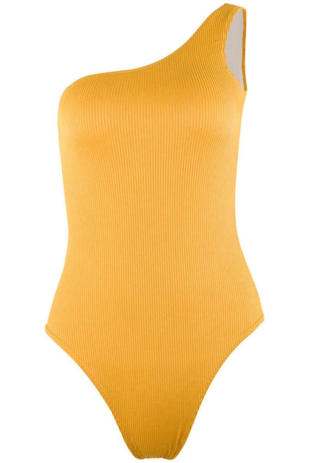 One shoulder yellow one piece swimsuit. Ribbed fabric has a silky texture.