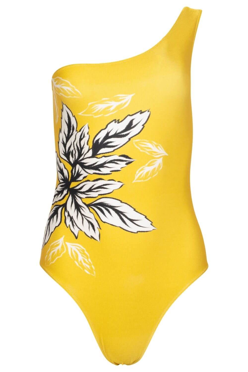 One shoulder swimsuit in yellow with black and white floral print.