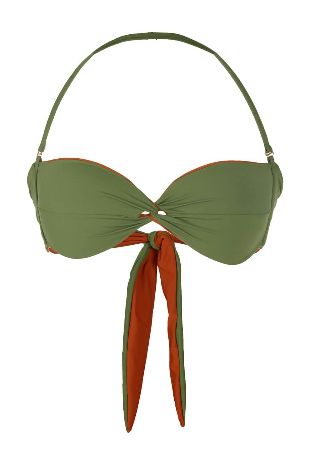 Reversible bandeau bikini top. Adjustable/removable straps, and sewn-in soft cups.
