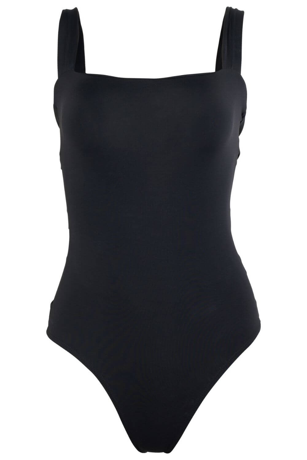 Square neckline swimsuit in black Exclusive criss-cross detail on the back.