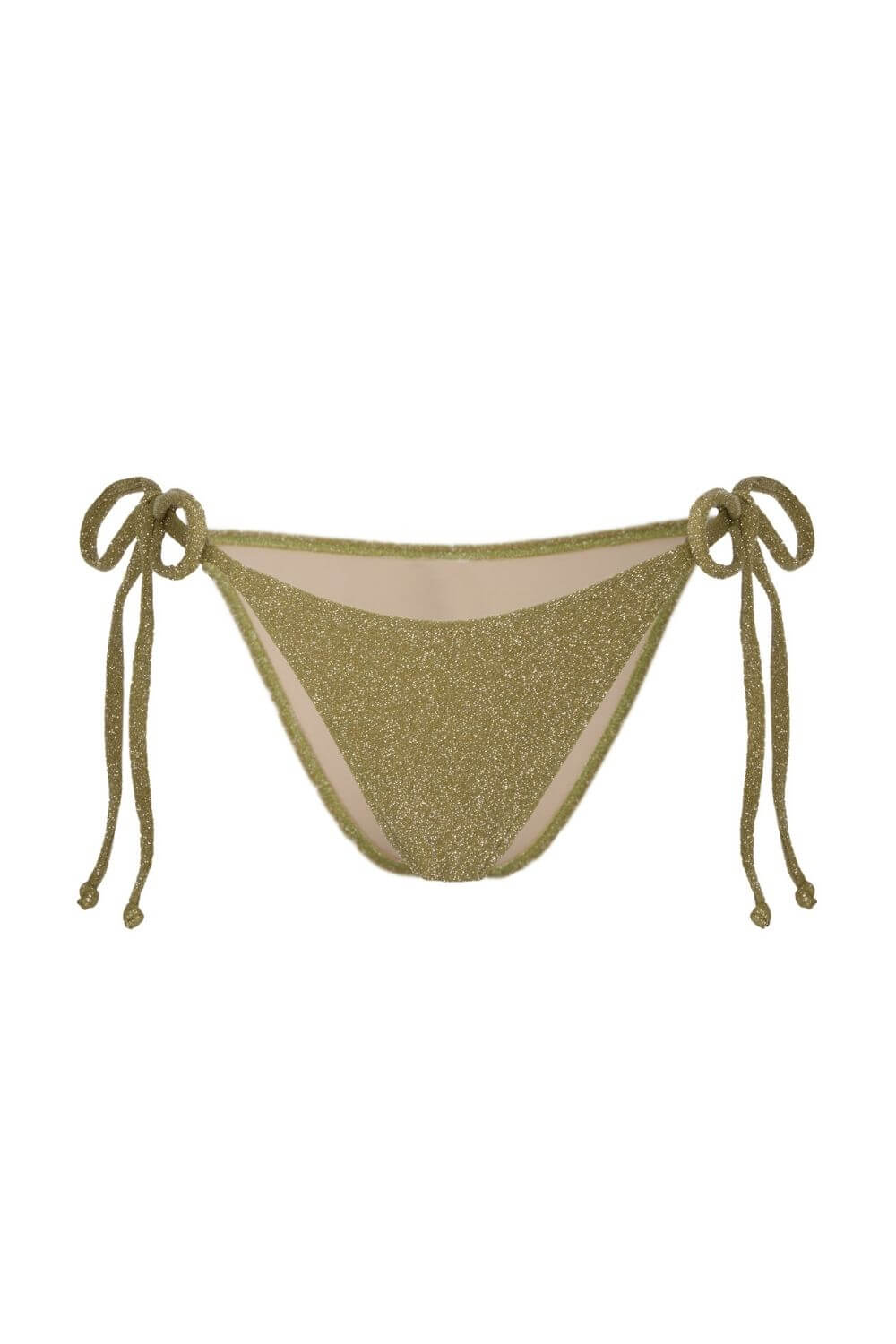 Tie-side bikini bottom in green lurex.