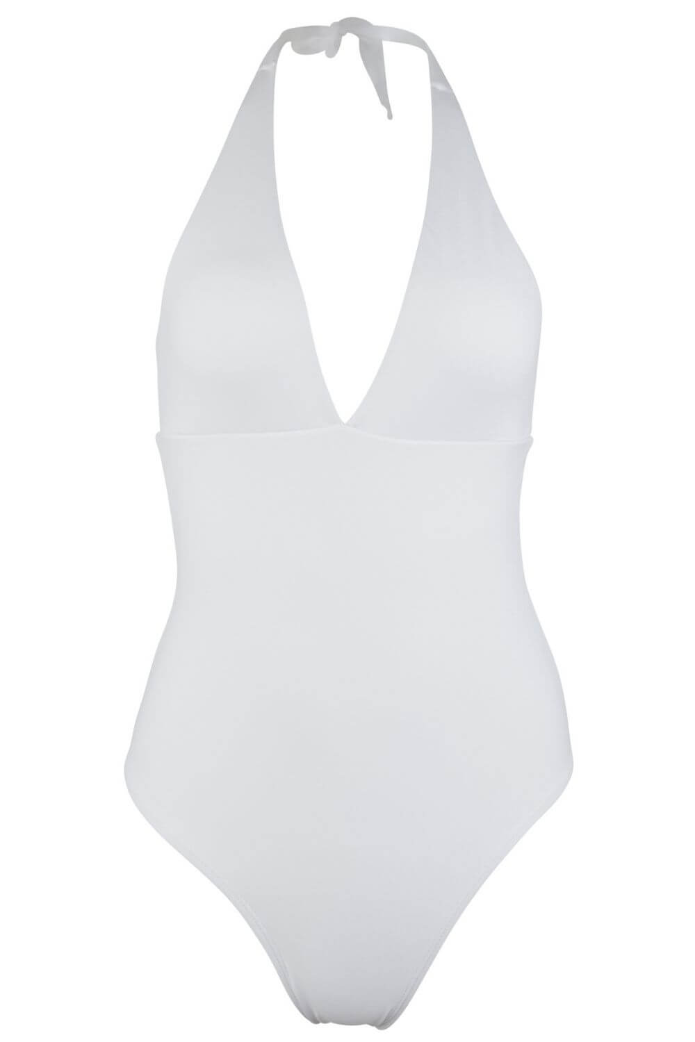 V-neckline elegant white one piece swimsuit. Double lined.