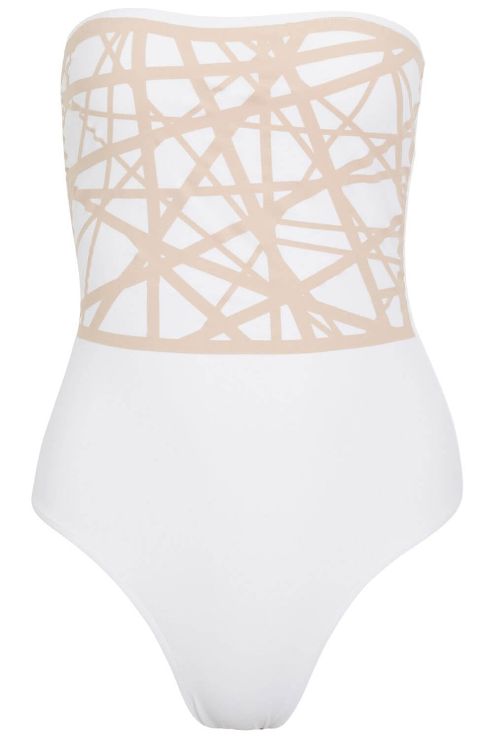 Strapless one piece swimsuit with exclusive laser detail in contrasting color.